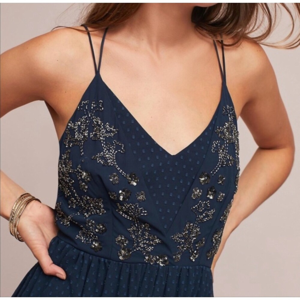 RANNA GILL Lucinda Navy Blue Beaded Bodice Lined Spaghetti Strap Maxi Dress Sz 4 - Picture 3 of 9